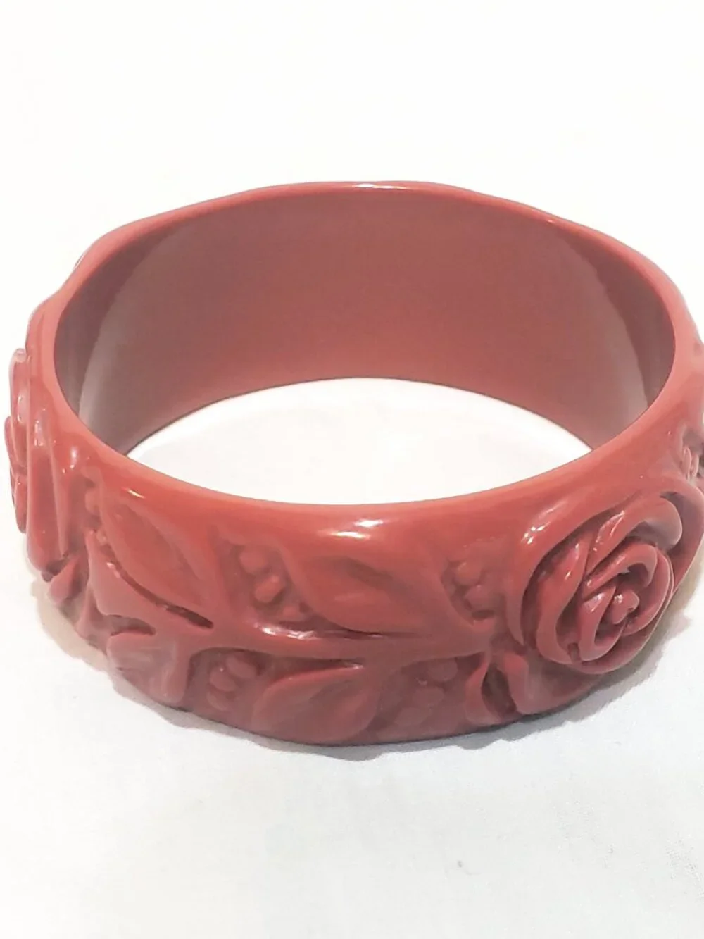 Rose Flower Wide Thick Carved Look Red Bangle Bracelet 2.5